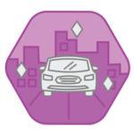 a white sedan in a magenta hexagon with a city-scape behind it
